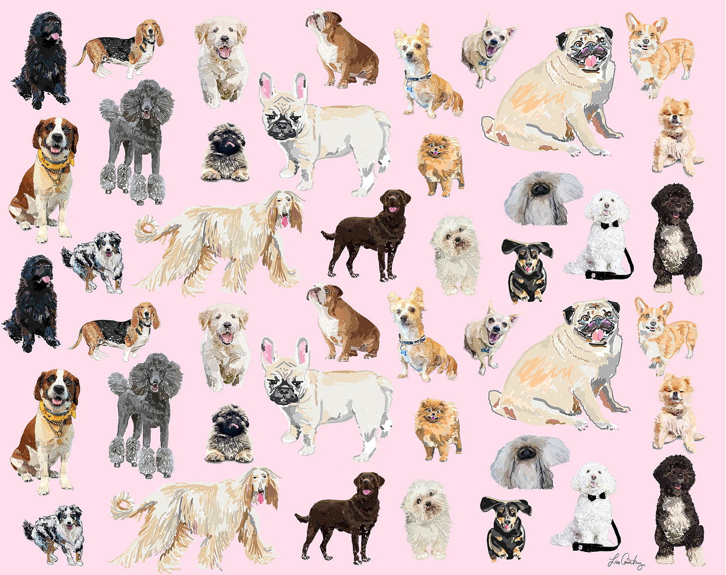 An image of the Lisa Courtney Designs Designer Dog Scarf. Light pink rectangular scarf with hand painted white, black, golden and brown dogs of all different breeds.